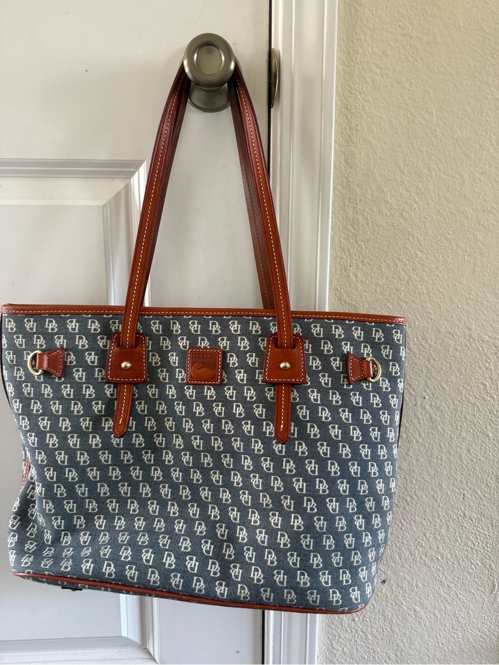 Dooney & Bourke Navy Logo Tote with Brown Leather Trim